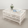 A white rattan coffee table with a cross motif design, featuring a plant and a magazine on its surface.